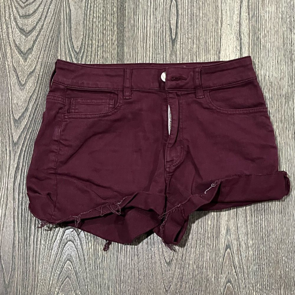 American Eagle Hi-Rise Shortie Shorts Cuffed Hem Stretch Denim Maroon Size 6